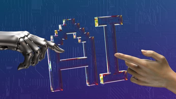 Illustration of human and robotic hands reaching toward AI, representing guided intelligent learning.