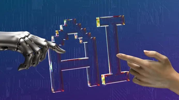 Illustration of human and robotic hands reaching toward AI, representing guided intelligent learning.